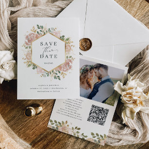 Save The Date Flore d'aquarelle neutre avec code QR et photo