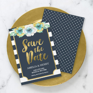 Save The Date Flore d'or bleu et Faux Enregistrer la date Invita