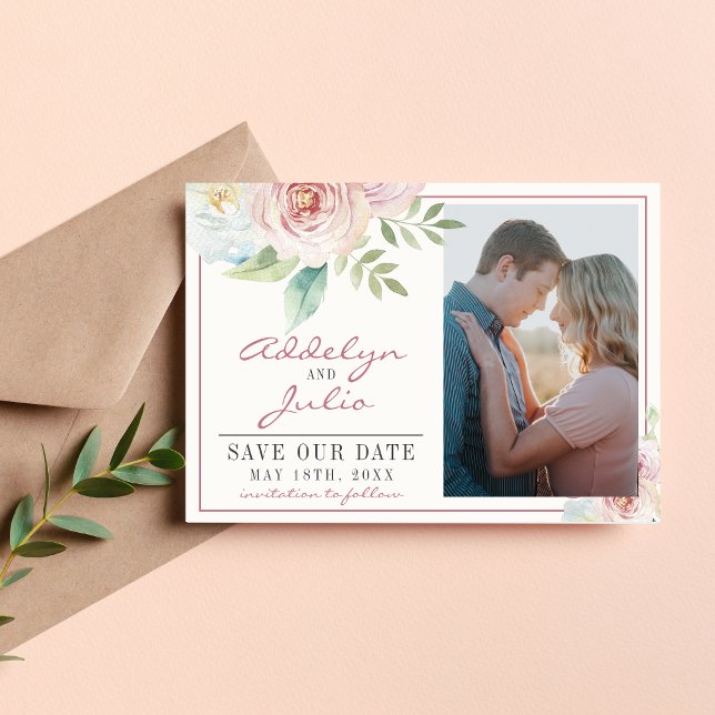 Save The Date Flore douce Végétation romantique Mauve Fleurs ros (Créateur téléchargé)