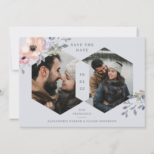 Save The Date Flore géométrique bleu et Rose | Deux photos (Devant)