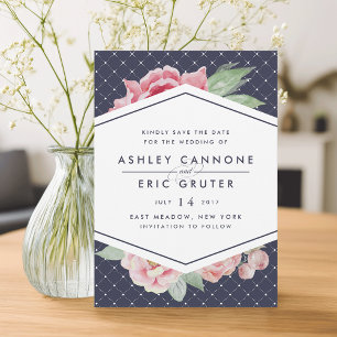 Save The Date Flore géométrique Blush et Navy Enregistrer la dat