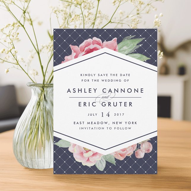 Save The Date Flore géométrique Blush et Navy Enregistrer la dat (Créateur téléchargé)
