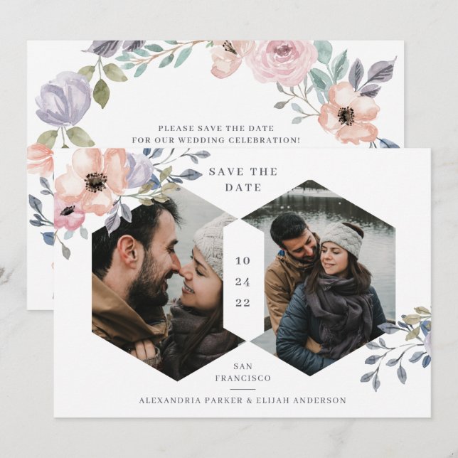 Save The Date Flore géométrique rose blanche et rose | Deux phot (Devant / Derrière)