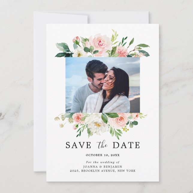 Save The Date Flore rose pâle Mariage botanique moderne Photo (Devant)
