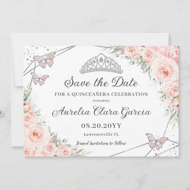 Save The Date Flore rose pâle Silver Quinceañera Sweet sixteen (Devant)