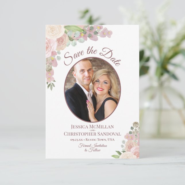 Save The Date Flore rose vif Élégant Boho Mariage Photo (Debout devant)