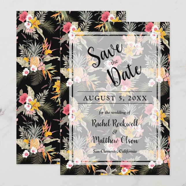 Save The Date Flore tropicale sur mariage noir Enregistrer la da (Devant / Derrière)