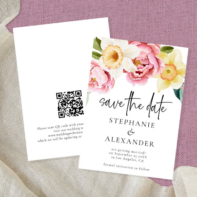 Save The Date Flores rose jaune moderne Script QR Code Mariage (Créateur téléchargé)