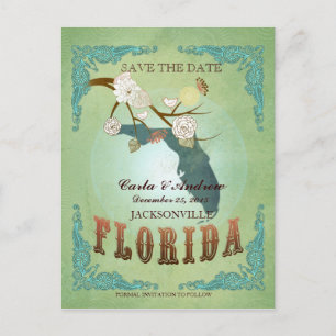Save The Date - Florida Map With Lovely Birds Announcement Postcard