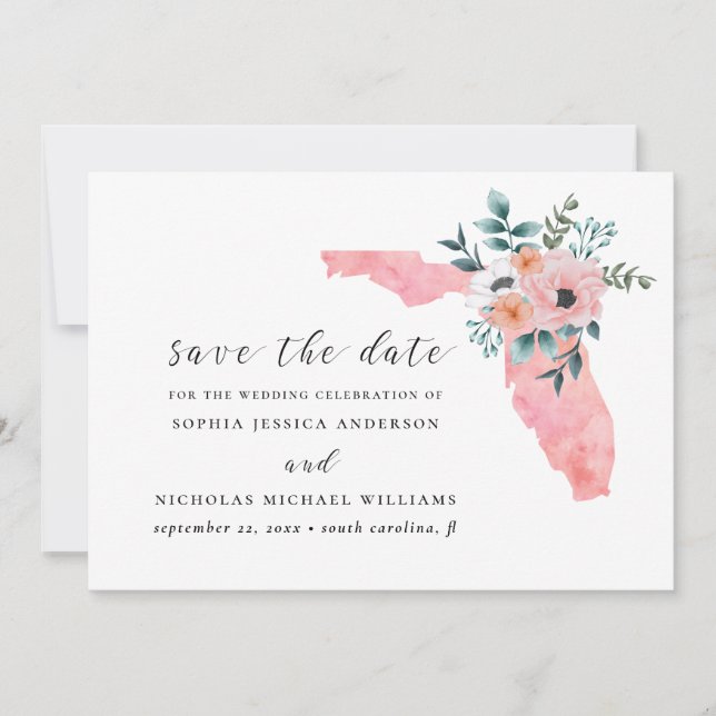 Save The Date Floride. Élégantes fleurs roses. Aquarelle florale (Devant)