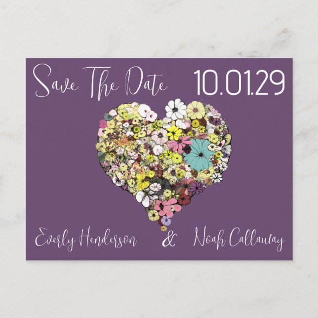 Save the Date Flowers and Leaves Heart Shape Announcement Postcard (Front)