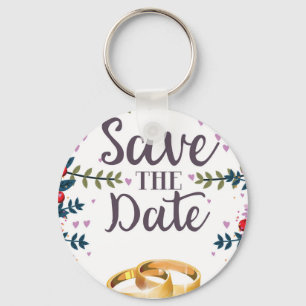 Save the Date Flowers and Wedding rings Keychain