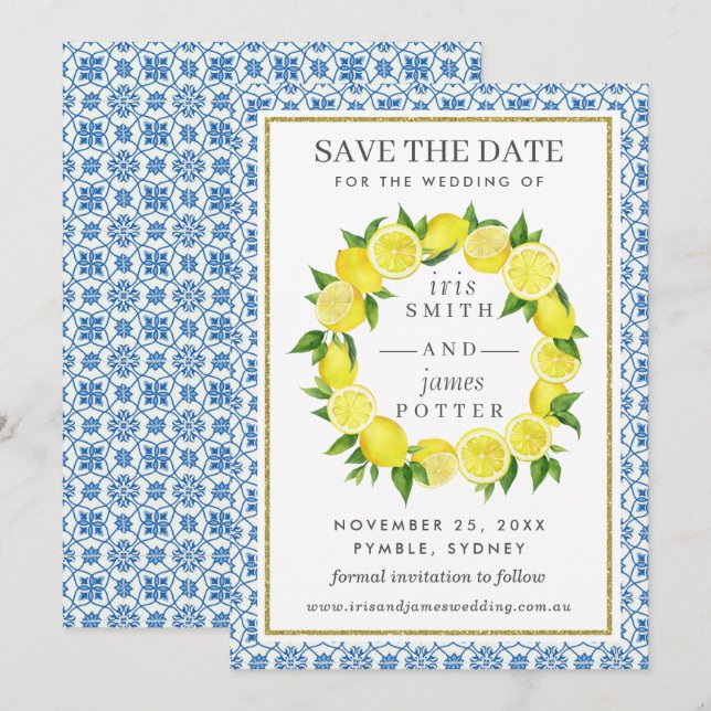 Save The Date Foliage De Citron Méditerranée Enregistrer La Cart (Devant / Derrière)