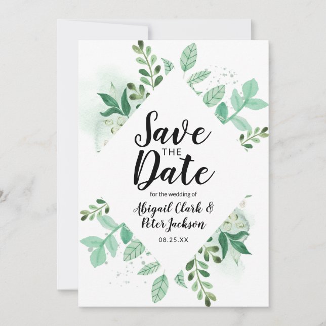 Save The Date Foliage frais Botanique Monnaie Diamant Frame Chic (Devant)
