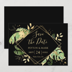 Save The Date Foliage Tropical Noir & Or Élégant Géométrique