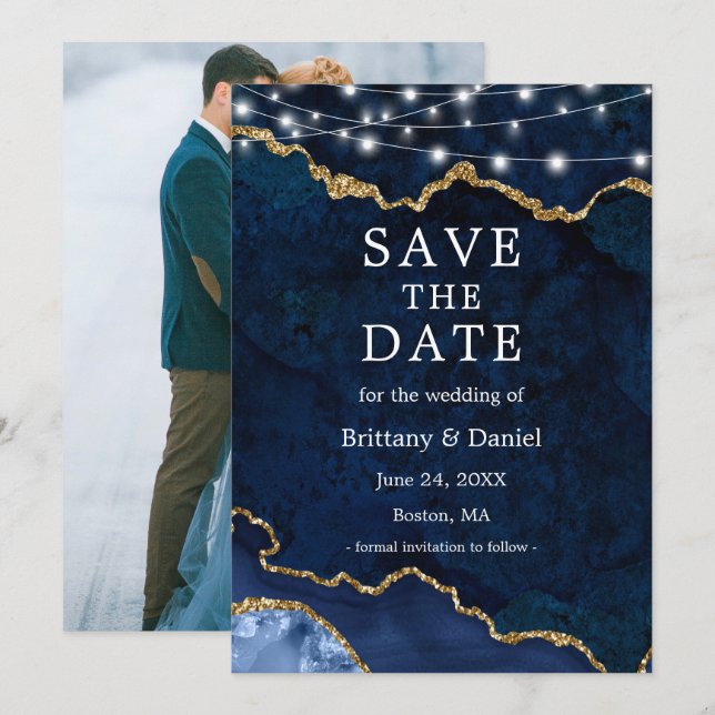 Save The Date Fond de lumières de géode d'agate de marbre bleu a (Devant / Derrière)