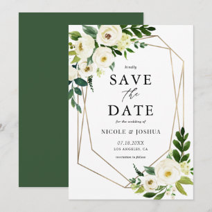 Save The Date Fond Or Géométrique Blanc Floral Frame Spring