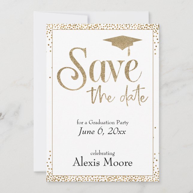 Save the Date for a Graduation Party Gold on White Invitation (Front)