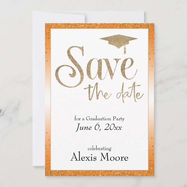 Save the Date for a Graduation Party Gold & Orange Invitation (Front)