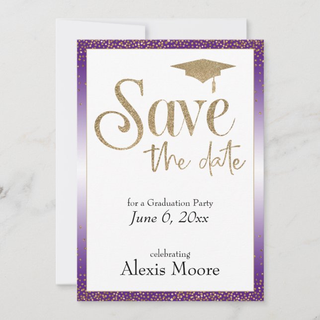 Save the Date for a Graduation Party Gold & Purple Invitation (Front)