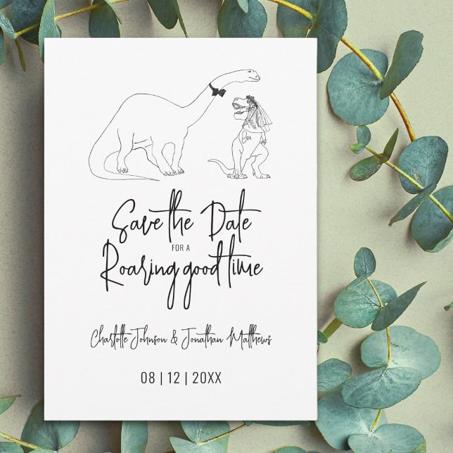 Save The Date For A Roaring Good Time Dino Wedding (Save the date for a roaring good time funny dinosaur wedding T-Rex bride brontosaurus groom line art)