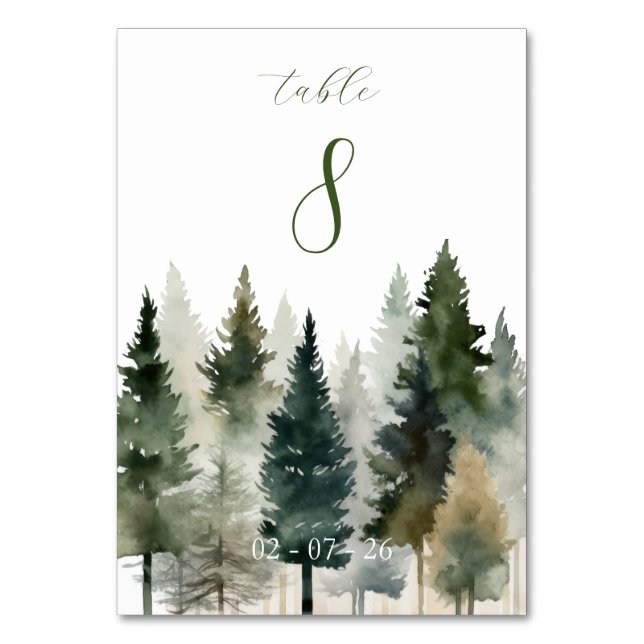 Save The Date | Forest Pines Watercolor Table Number (Front)