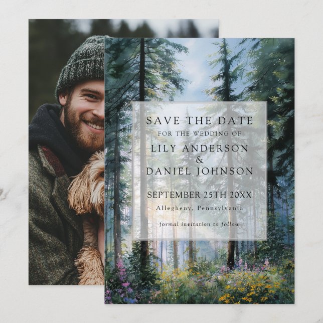 Save The Date Forest Wildflowers Floral Rustic Photo Wedding (Devant / Derrière)