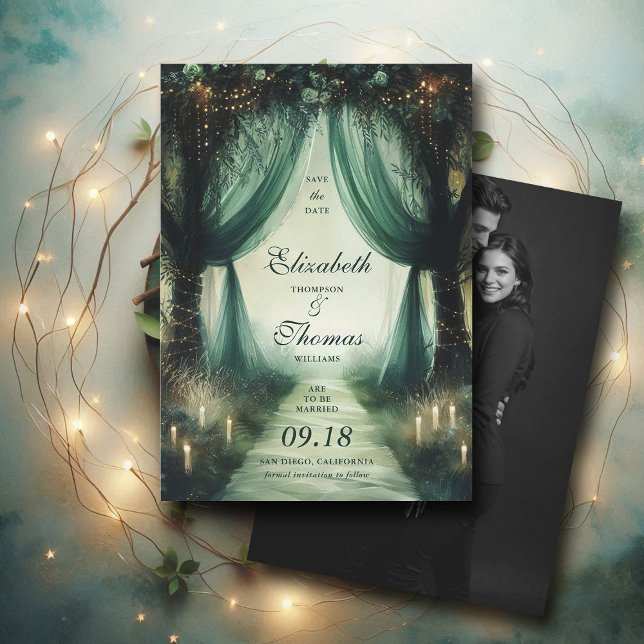 Save The Date Forêt enchantée Élégant Moody Dark Photo Mariage (enchanted forest woodland wedding save the date arch canopy calligraphy fairy tale elegant dark mood)