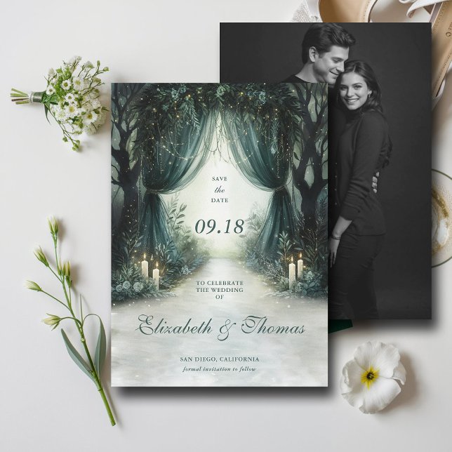 Save The Date Forêt enchantée Emerald Moody Dark Photo Mariage (enchanted forest woodland wedding save the date arch canopy fairy tale magic bespoke moody dark)