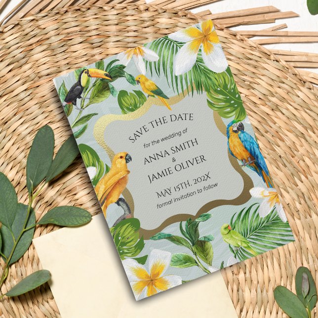 Save The Date Forêt tropicale verte Parrots Plumeria Mariage (Créateur téléchargé)