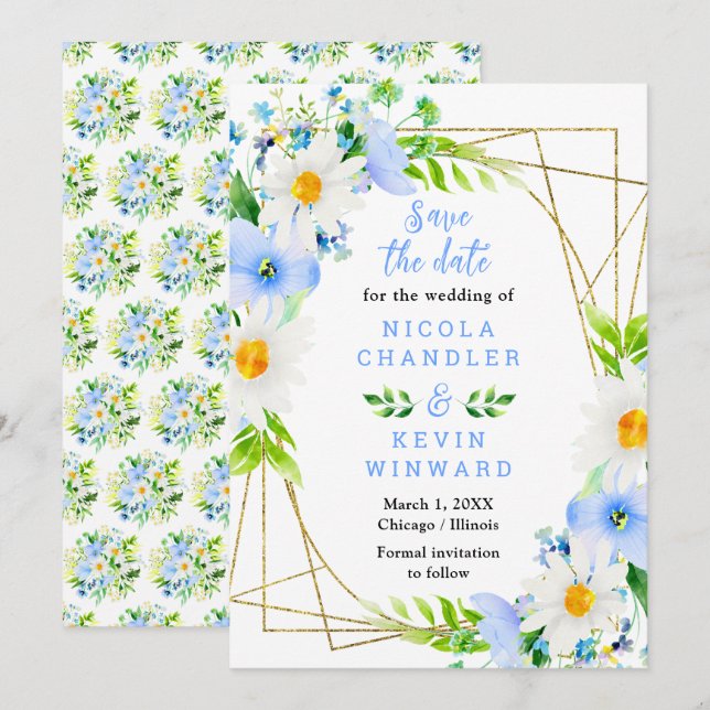 Save The Date Forget Me Nots and Daisies Wedding (Devant / Derrière)