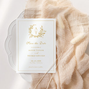 Save The Date Formal Crest Gold Script Card