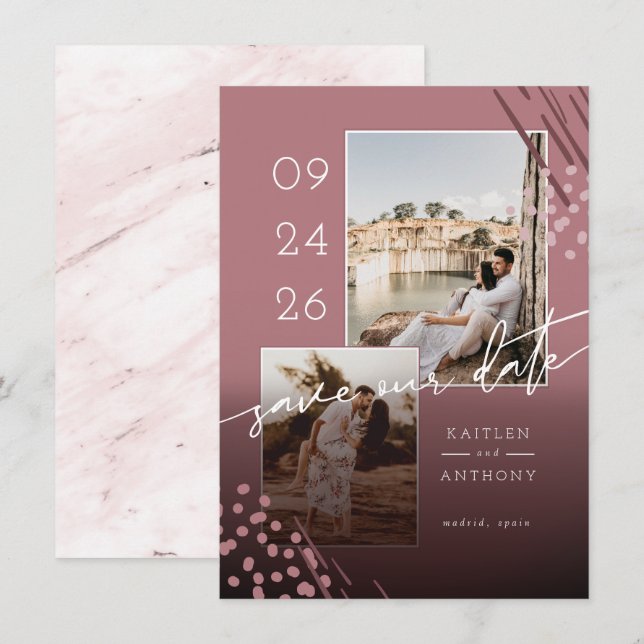 Save The Date Formes Abstraites Dusty Marbre Rose Retour & 2 Pho (Devant / Derrière)
