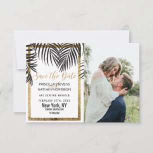 Save The Date Franges de Palmier Noir Bordure Or Moderne