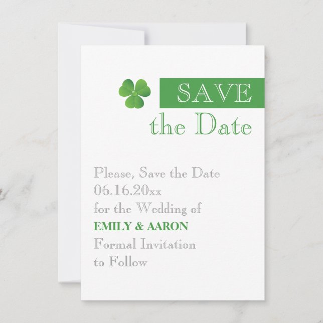 Save The Date Frappe & trèfle vert, mariage irlandais Enregistre (Devant)