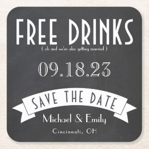 Save the Date Free Drinks Wedding Art Deco Square  Square Paper Coaster