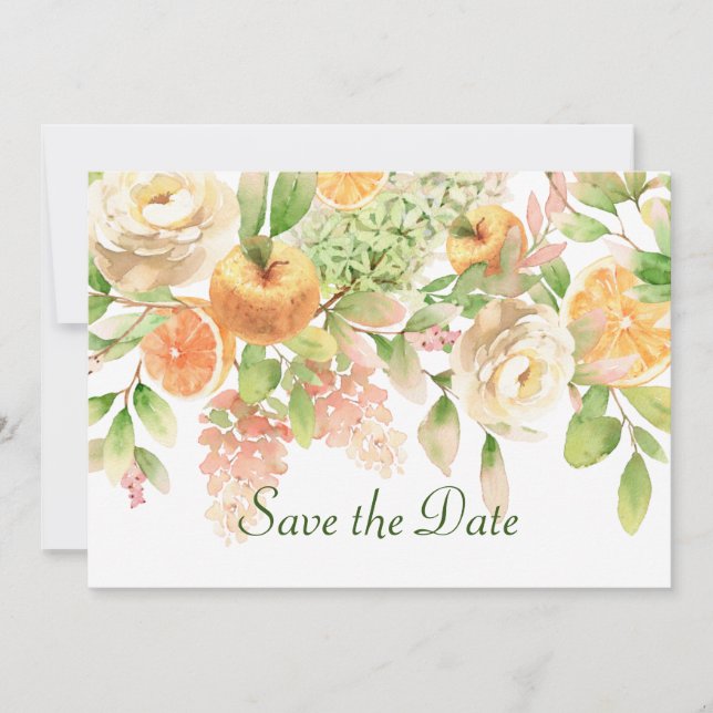 Save The Date Fruits à l'aquarelle et fleurs de jardin (Devant)