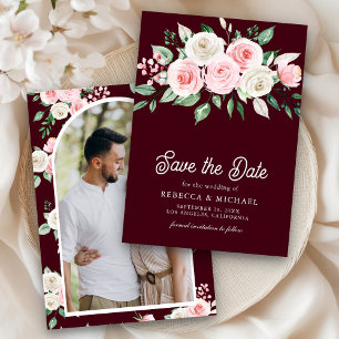 Save The Date Fuchsia Floral Bourguignon Photo Mariage