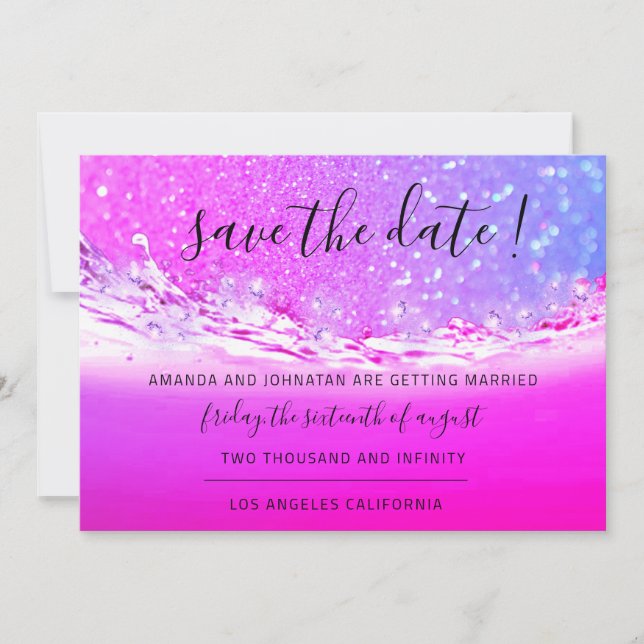 Save The Date Fuchsia Pink Crystals Ocean Ombre (Front)