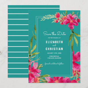Save the Date. Fuchsia Turquoise Floral Watercolor Invitation