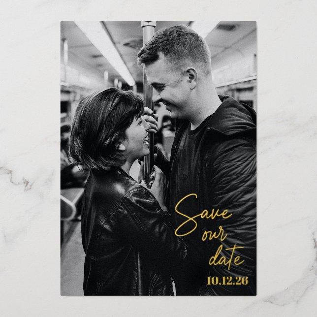 Save the Date Full Photo Modern Handwritten Gold (Front)