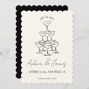 Save The Date Funky Black Main dessinée Champagne Tower Mariage