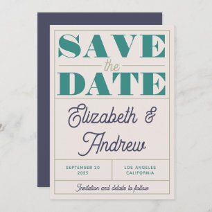 Save The Date Funky Retro Vintage Mint Green Blue Script Mariage