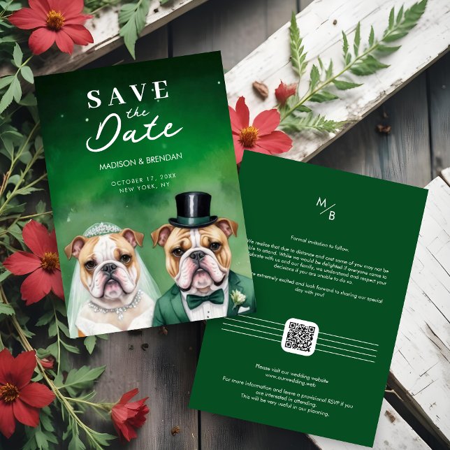 Save The Date Funny Bulldog Wedding Couple Cartoon Green Shades (Funny Bulldog Wedding Couple Cartoon Save the Dates Cards in Green Shades. )