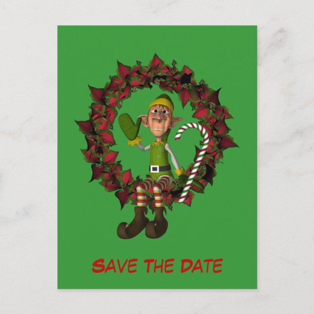 Save The Date Funny Elf On Wreath Holiday Announcement Postcard (Front)