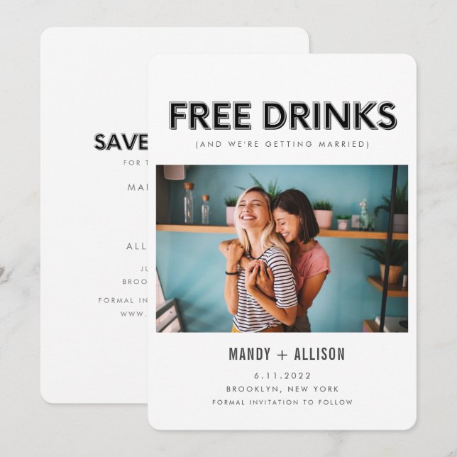 Save The Date Funny Free Drinks Photo Lesbian Enregistrer la dat (Devant / Derrière)