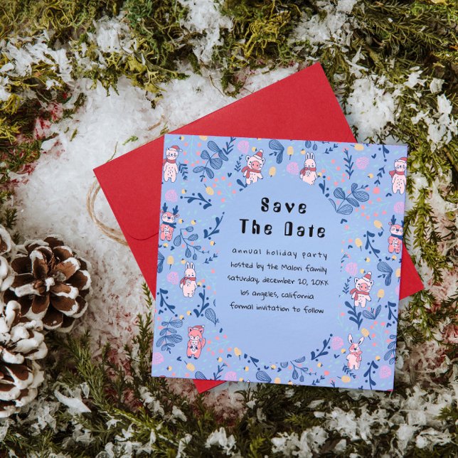 Save The Date Funny Woodland Friends  Blue Winter Forest Pattern (Créateur téléchargé)