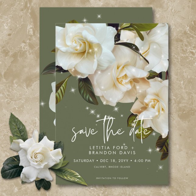 Save The Date Gardenias blanches modernes sur Sage Sparkle Maria (Modern White Gardenias on Sage Sparkle Wedding Save The Date)