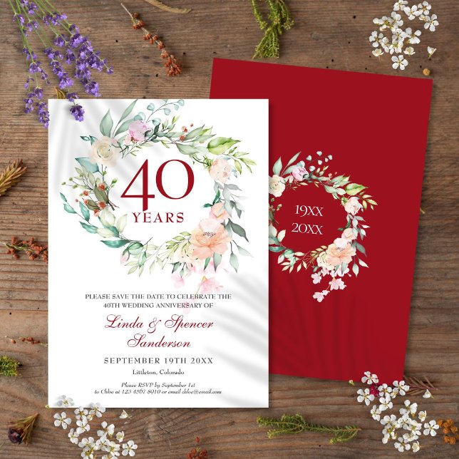 Save The Date Garland rose 40e anniversaire de Ruby Mariage (Roses Garland 40th Ruby Wedding Anniversary Save The Date)