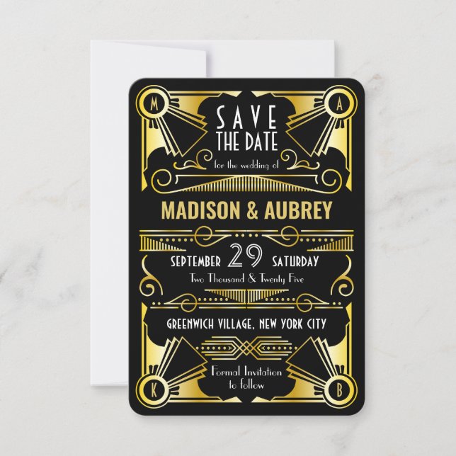 Save the Date Gatsby Wedding Art Deco Gold Black (Front)
